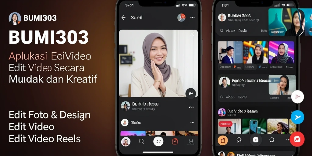 Screenshot utama BUMI303 menampilkan fitur unggulan Edit Video Reels.