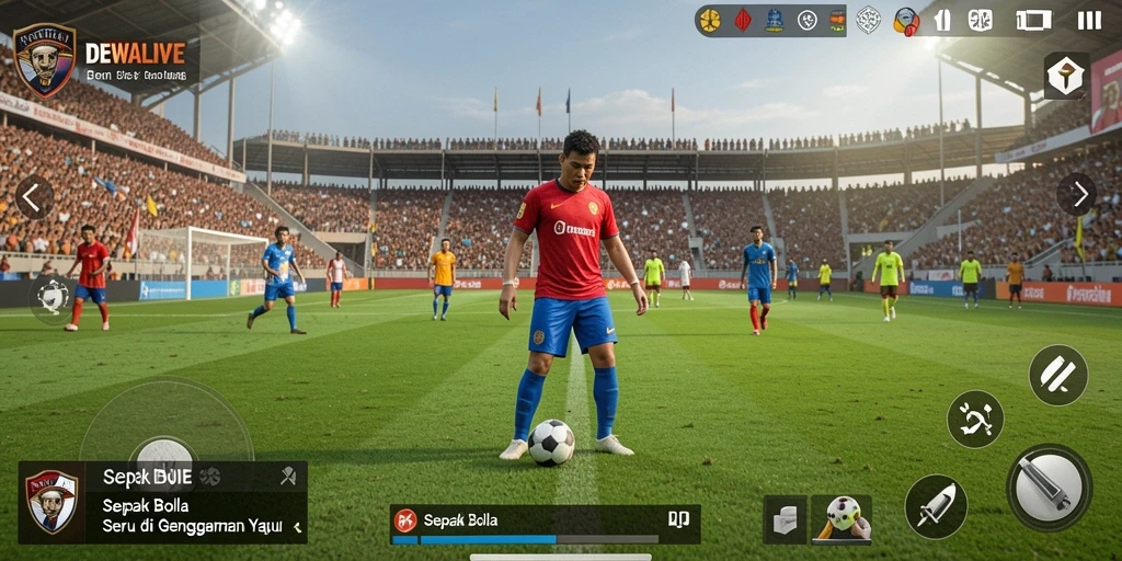 Tampilan antarmuka DEWALIVE dengan aksi sepak bola yang dinamis.