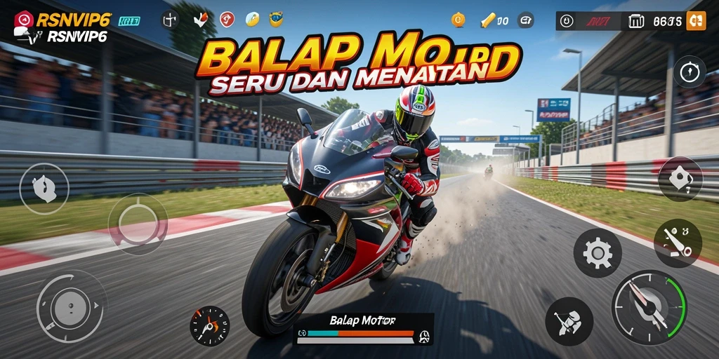 Tampilan antarmuka balap motor yang dinamis dan interaktif.